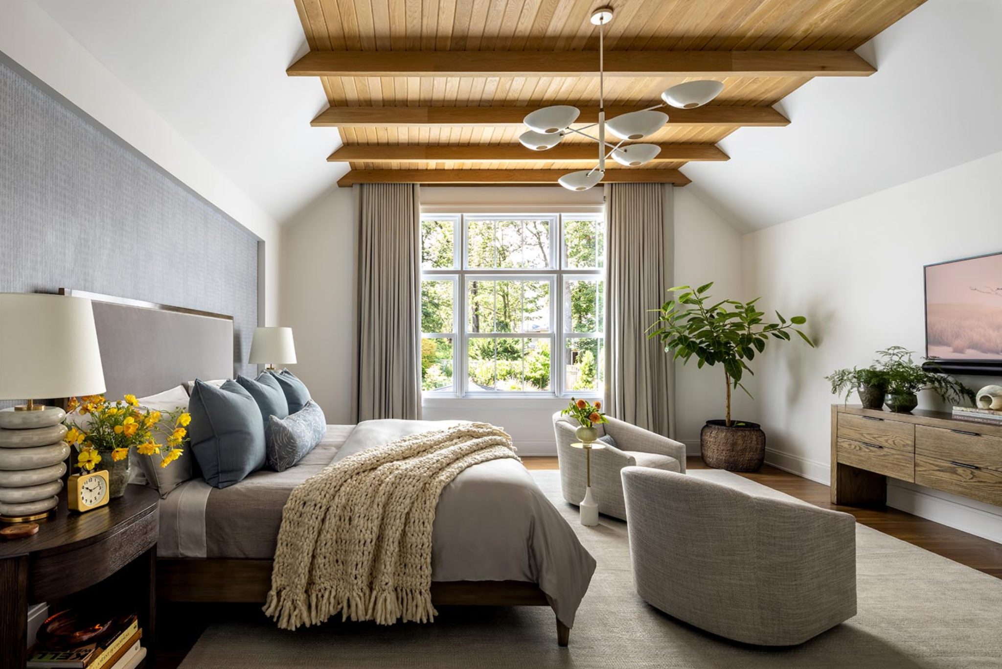 Primary bedroom at 251 Oak Ridge Ave with vaulted wood ceiling